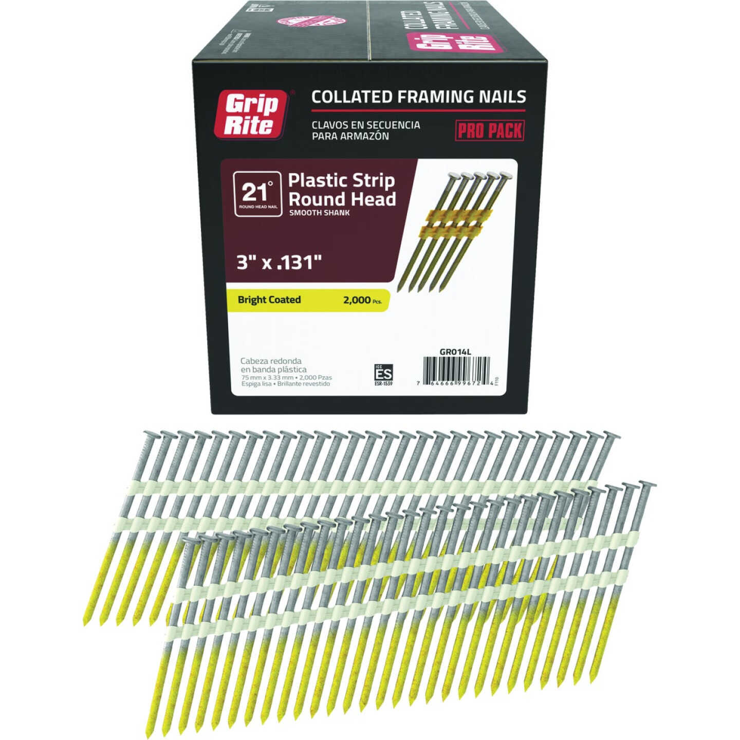 Grip-Rite 3 In. x 0.131 In. 21 Deg. Bright Coated Round Head Smooth Shank Plastic Strip Collated Framing Nail (2000-Count) Image 1