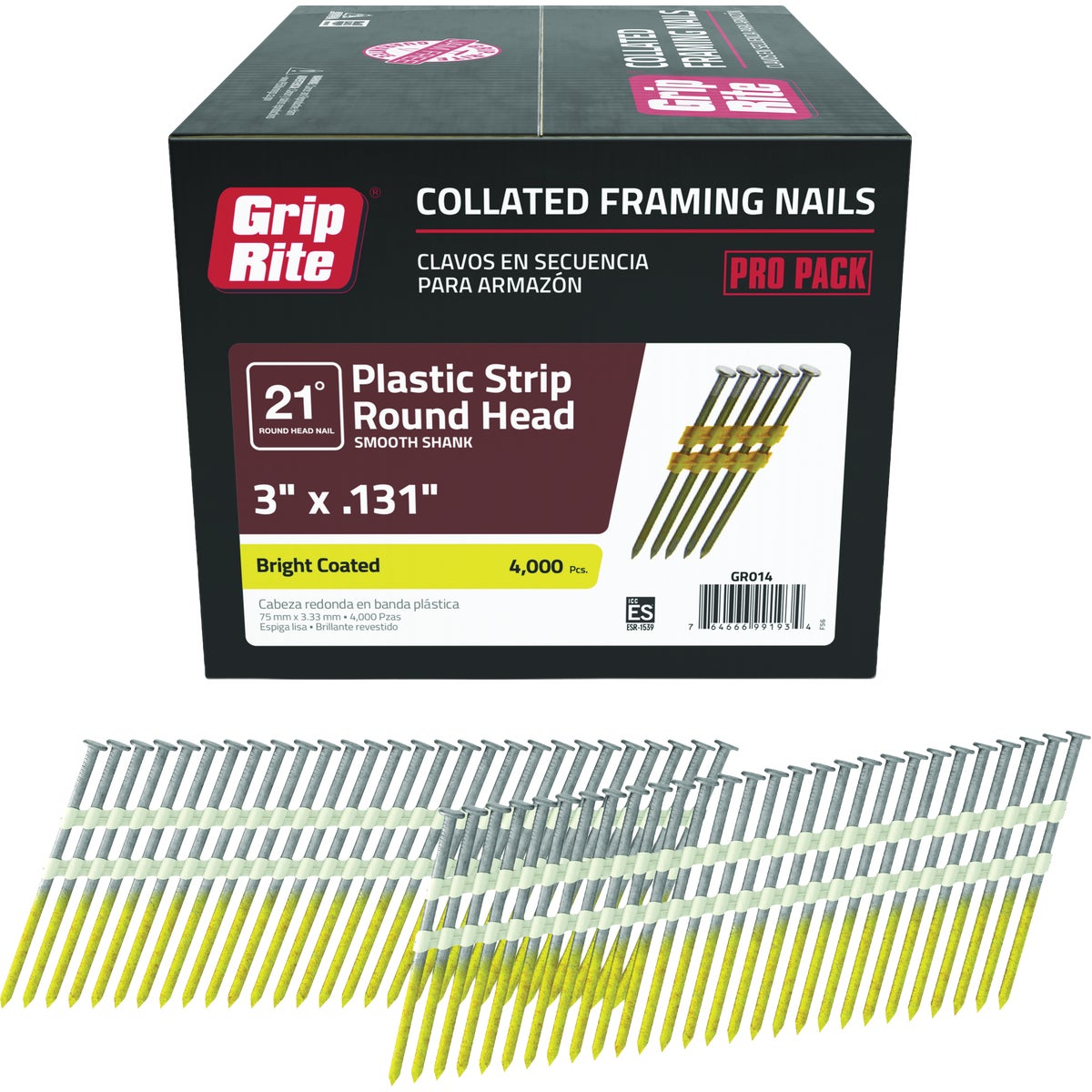 Grip-Rite 3 In. x 0.131 In. 21 Deg. Bright Coated Round Head Smooth Shank Plastic Strip Collated Framing Nail (4000-Count) Image 1