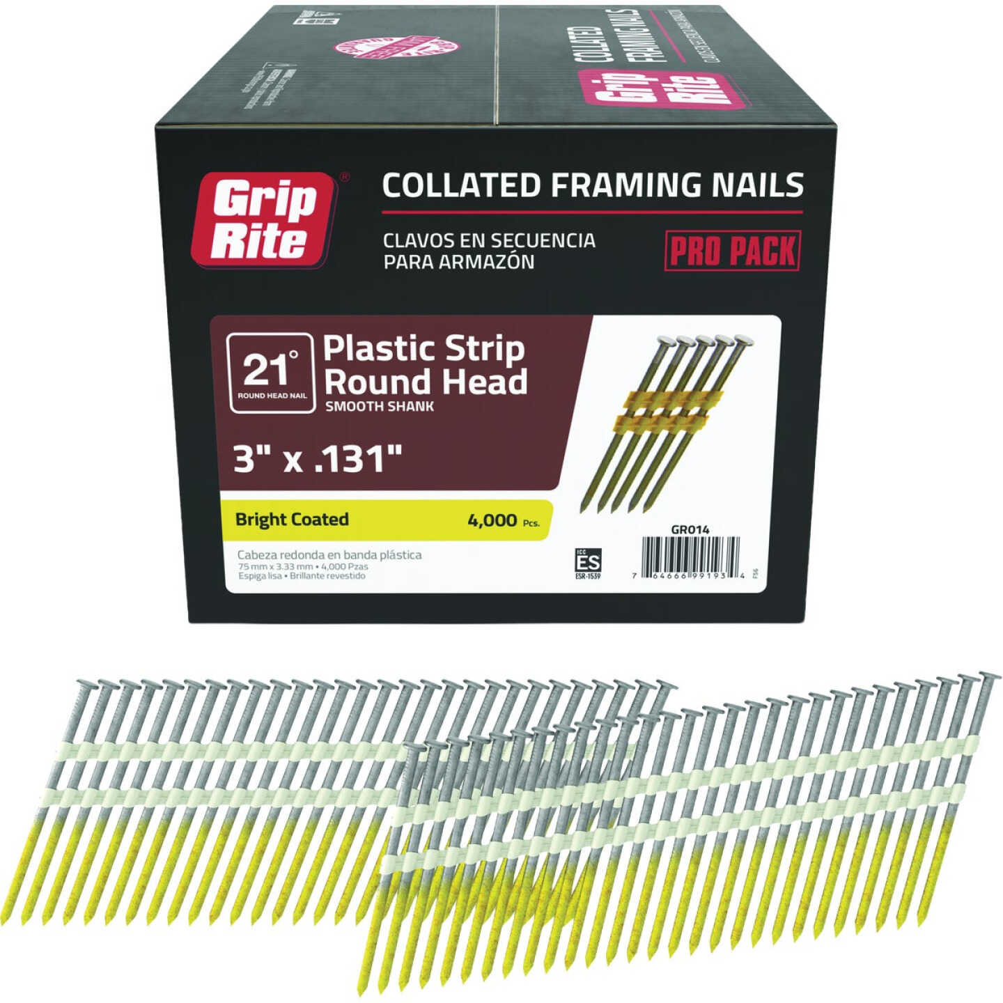 Grip-Rite 3 In. x 0.131 In. 21 Deg. Bright Coated Round Head Smooth Shank Plastic Strip Collated Framing Nail (4000-Count) Image 1