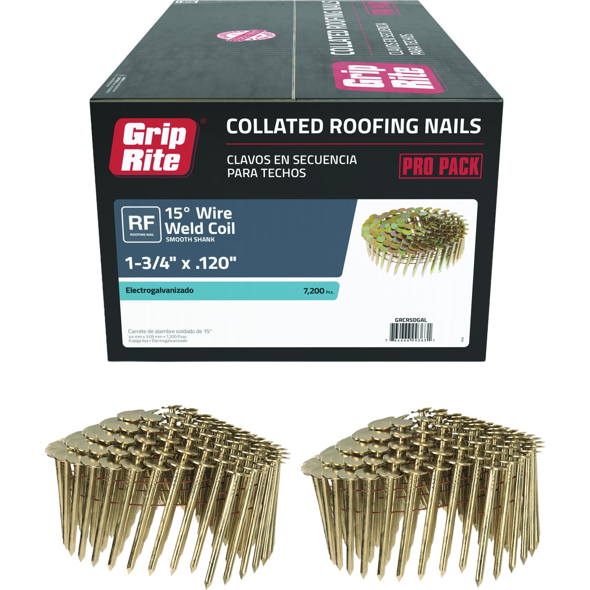 Grip-Rite 1-3/4 In. x 0.120 In. 15 Deg. Electrogalvanized Full Round Head Smooth Shank Wire Coil Collated Roofing Nail (7200-Count)