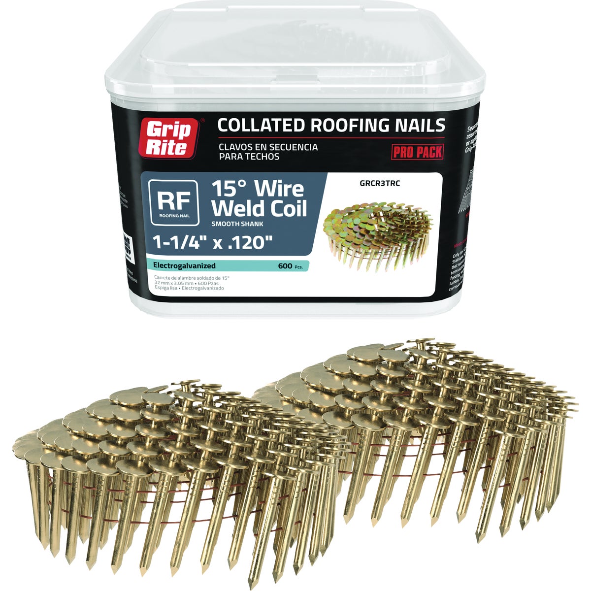 Grip-Rite 1-1/4 In. x 0.120 In. 15 Deg. Electrogalvanized Full Round Head Smooth Shank Wire Coil Collated Roofing Nail (600-Count)
