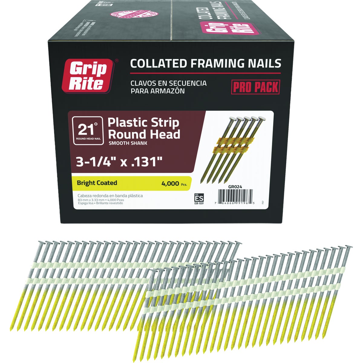 Grip-Rite 3-1/4 In. x 0.131 In. 21 Deg. Bright Coated Round Head Smooth Shank Plastic Strip Collated Framing Nail (4000-Count)