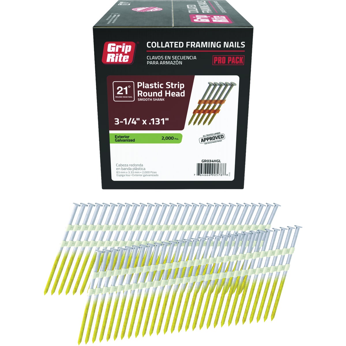 Grip-Rite 3-1/4 In. x 0.131 In. 21 Deg. Hot Galvanized Round Head Smooth Shank Plastic Strip Collated Framing Nail (2000-Count)