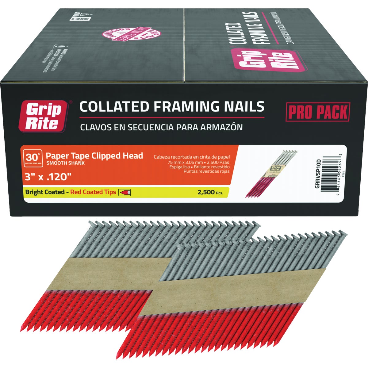 Grip-Rite 3 In. x 0.120 In. 30 Deg. Bright Coated Clipped Head Smooth Shank Paper Tape Collated Framing Nail (2500-Count) 40 Per Strip