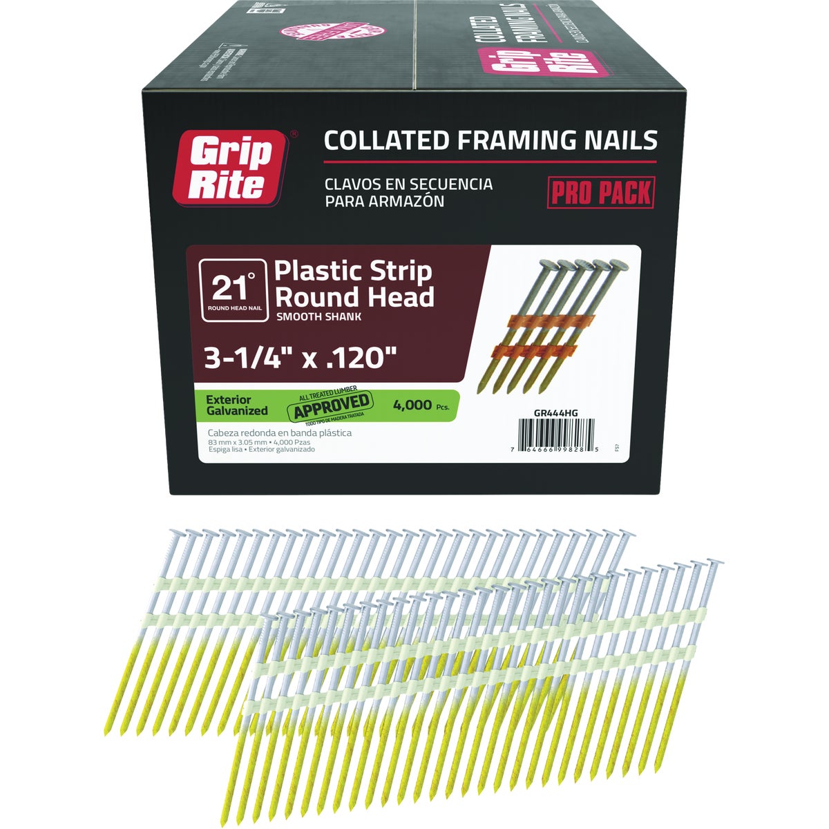 Grip-Rite 3-1/4 In. x 0.120 In. 21 Deg. Hot Galvanized Round Head Smooth Shank Plastic Strip Collated Framing Nail (4000-Count)