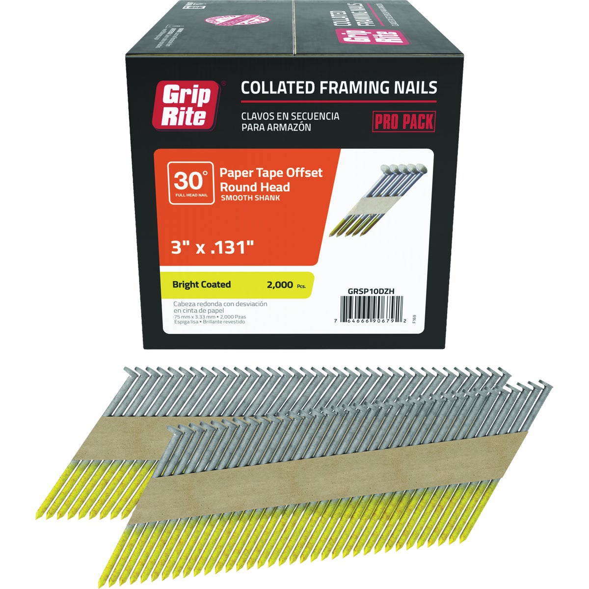 Grip-Rite 3 In. x 0.131 In. 30 Deg. Bright Coated Offset Round Head Smooth Shank Paper Tape Collated Framing Nail (2000-Count)