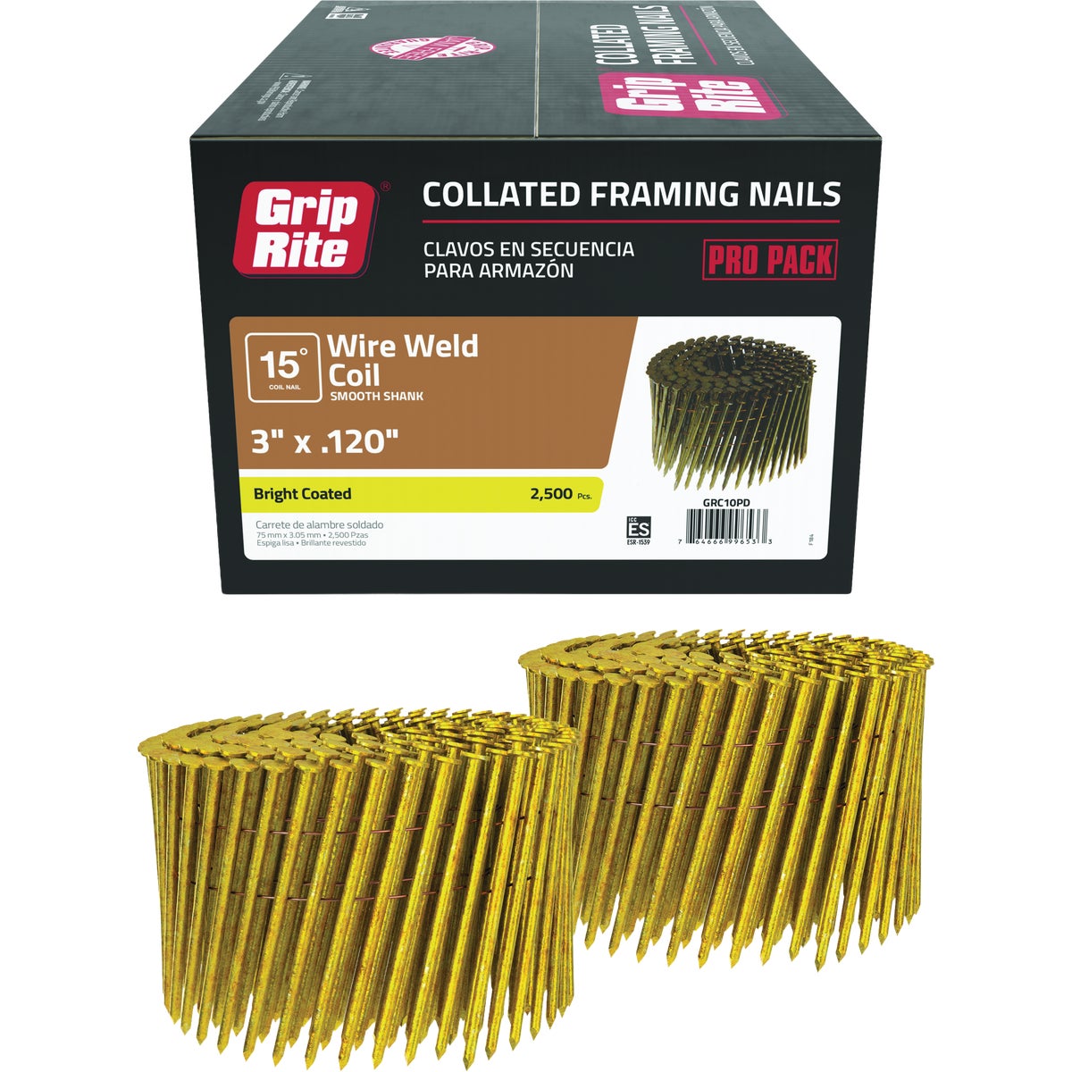 Grip-Rite 3 In. x 0.120 In. 15 Deg. Bright Round Head Smooth Shank Wire Coil Collated Framing Nail (2500-Count) Image 1