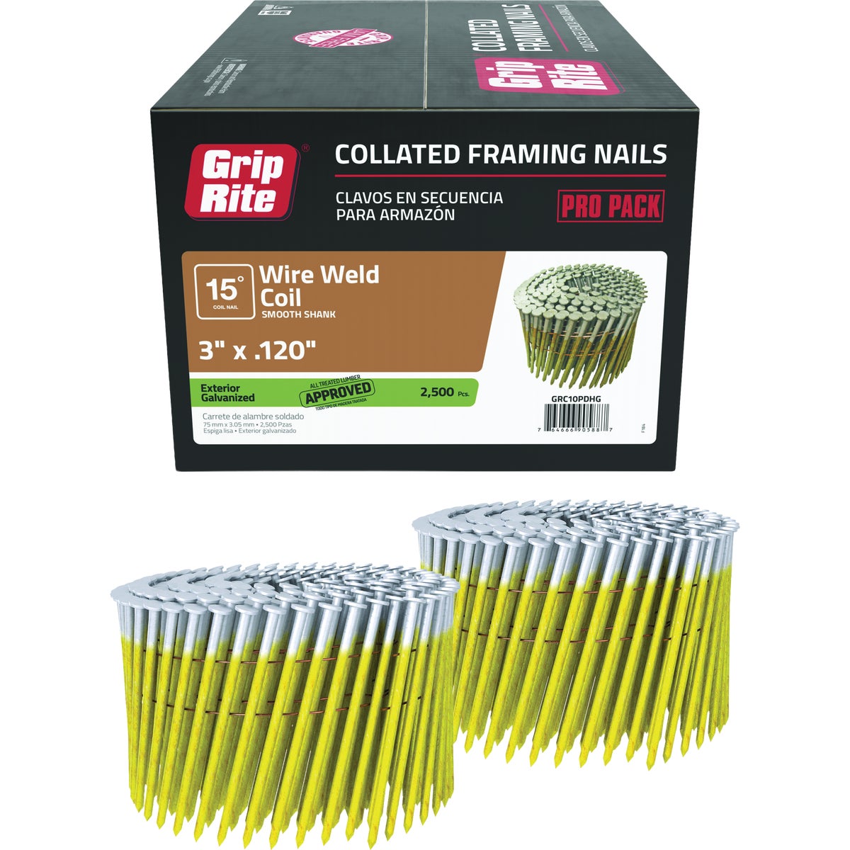 Grip-Rite 3 In. x 0.120 In. 15 Deg. Hot Galvanized Round Head Smooth Shank Wire Coil Collated Framing Nail (2500-Count) Image 1