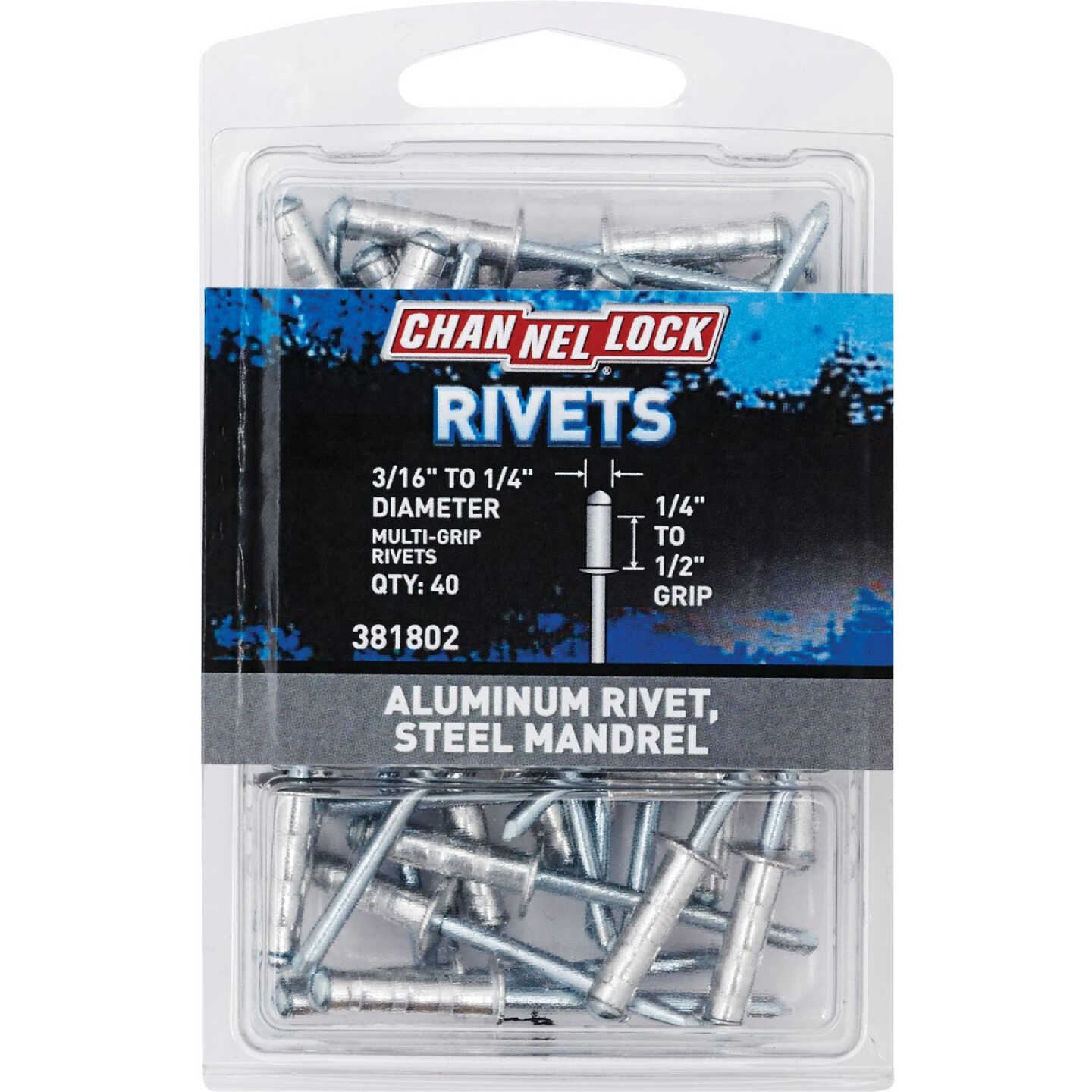 Channellock 3/16 In. to 1/4 In. Dia. x 0.251 In. to 0.500 In. Grip Aluminum Multigrip POP Rivet (40-Pack) Image 1