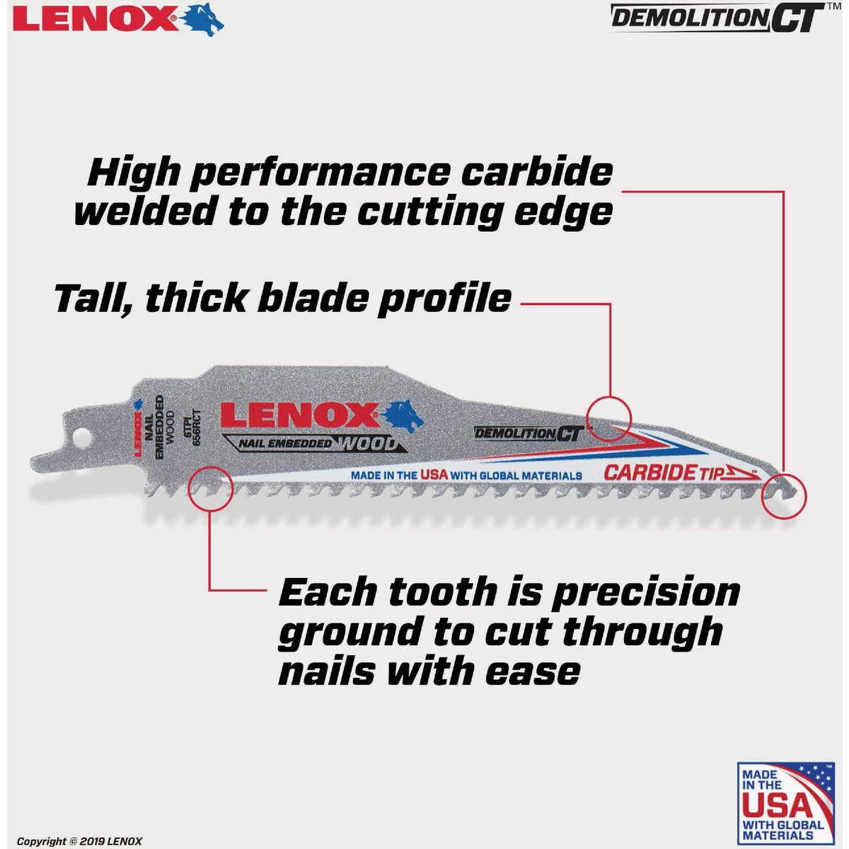 Lenox 6 In. 6 TPI Carbide Demolition Reciprocating Saw Blade Image 2