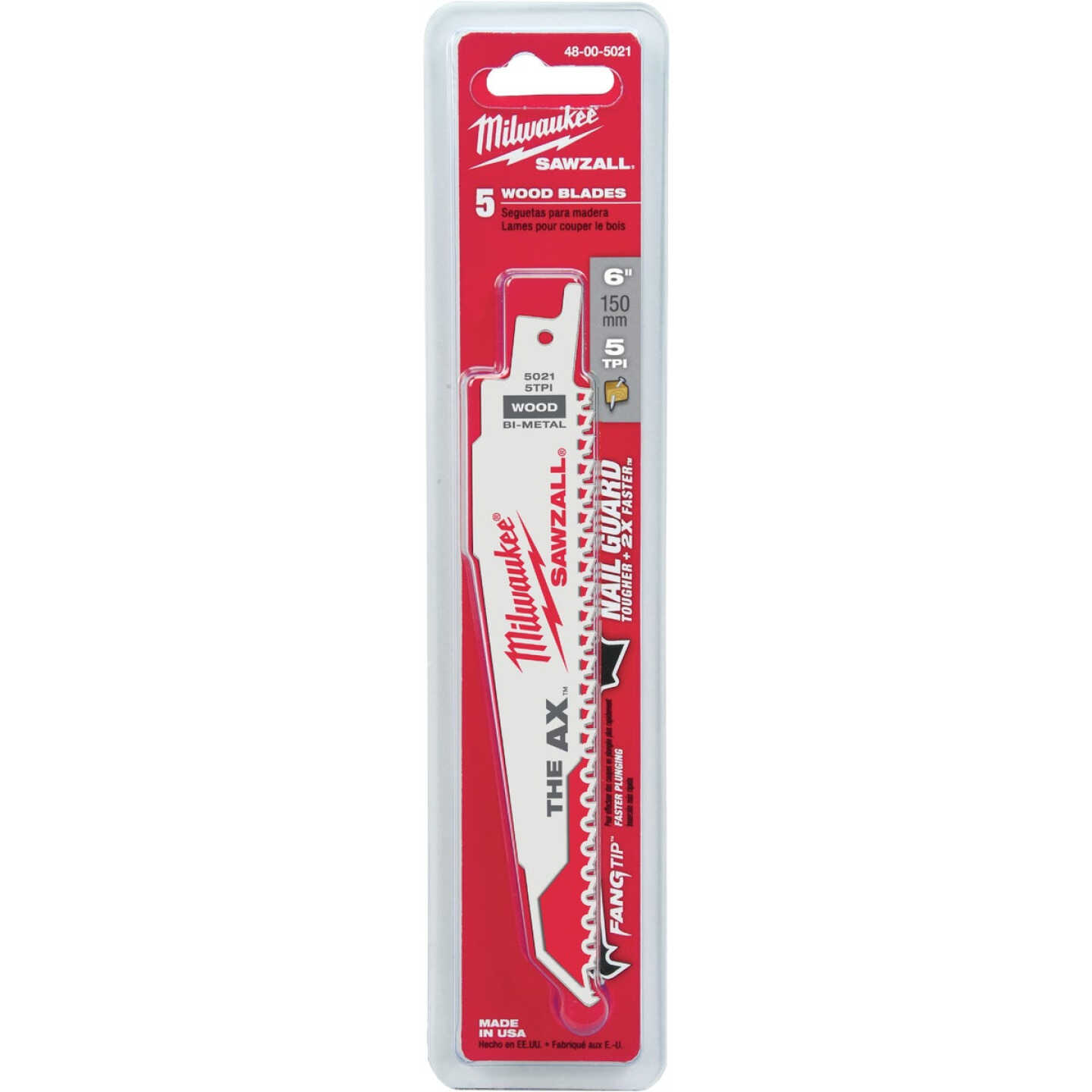 Milwaukee SAWZALL The AX 6 In. 5 TPI Wood with Nails Demolition Reciprocating Saw Blade (5-Pack) Image 2