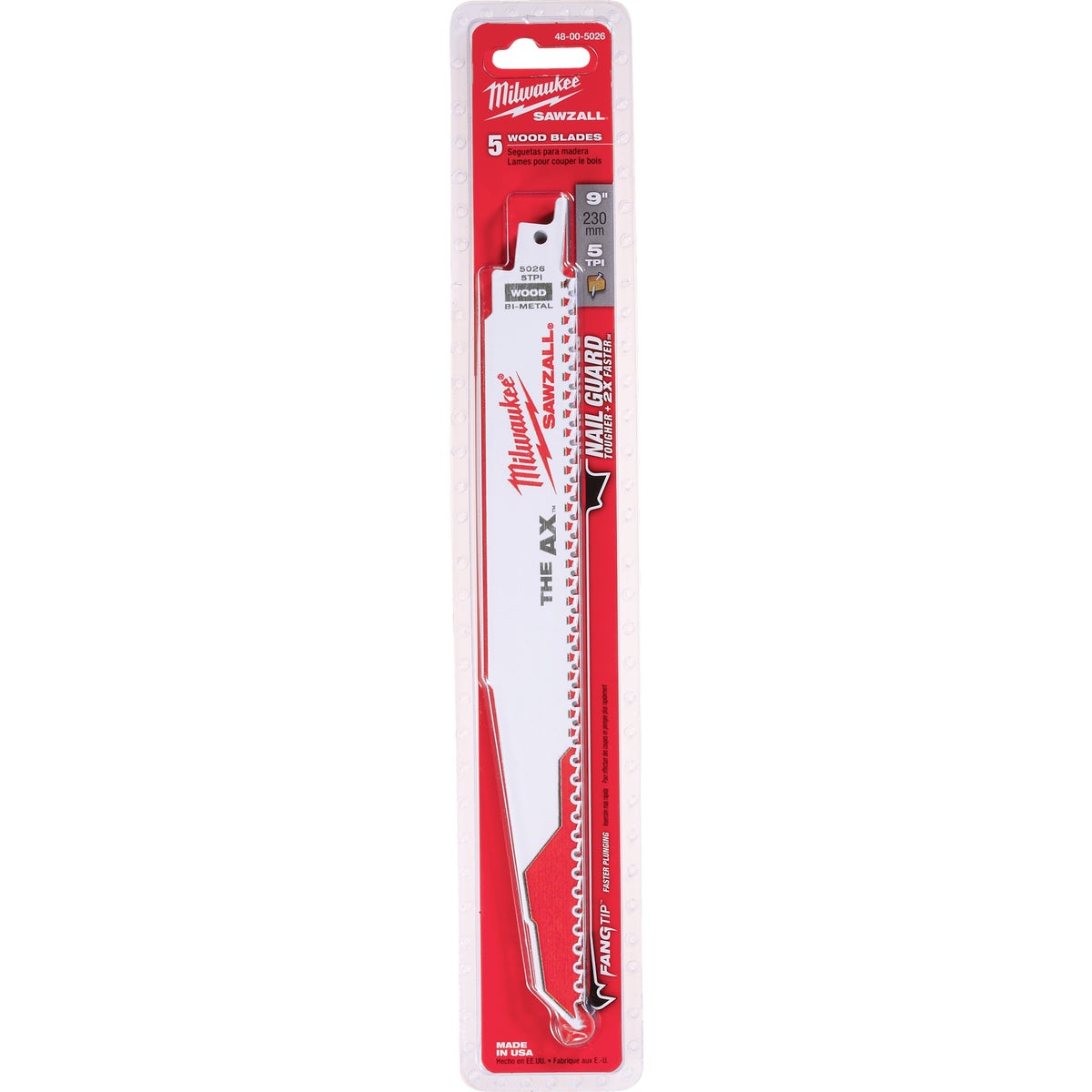 Milwaukee SAWZALL The AX 9 In. 5 TPI Wood with Nails Demolition Reciprocating Saw Blade (5-Pack) Image 2