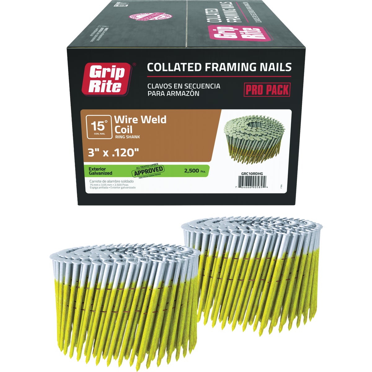 Grip-Rite 3 In. x 0.120 In. 15 Deg. Hot Galvanized Round Head Ring Shank Wire Coil Collated Framing Nail (2500-Count) Image 1