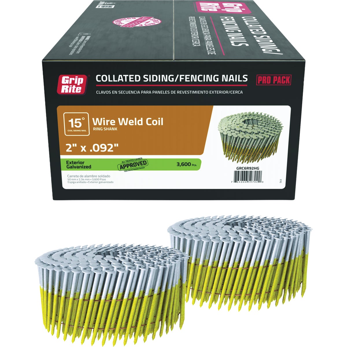 Grip-Rite 2 In. x 0.092 In. 15 Deg. Hot Galvanized Round Head Ring Shank Wire Coil Collated Framing Nail (3600-Count)