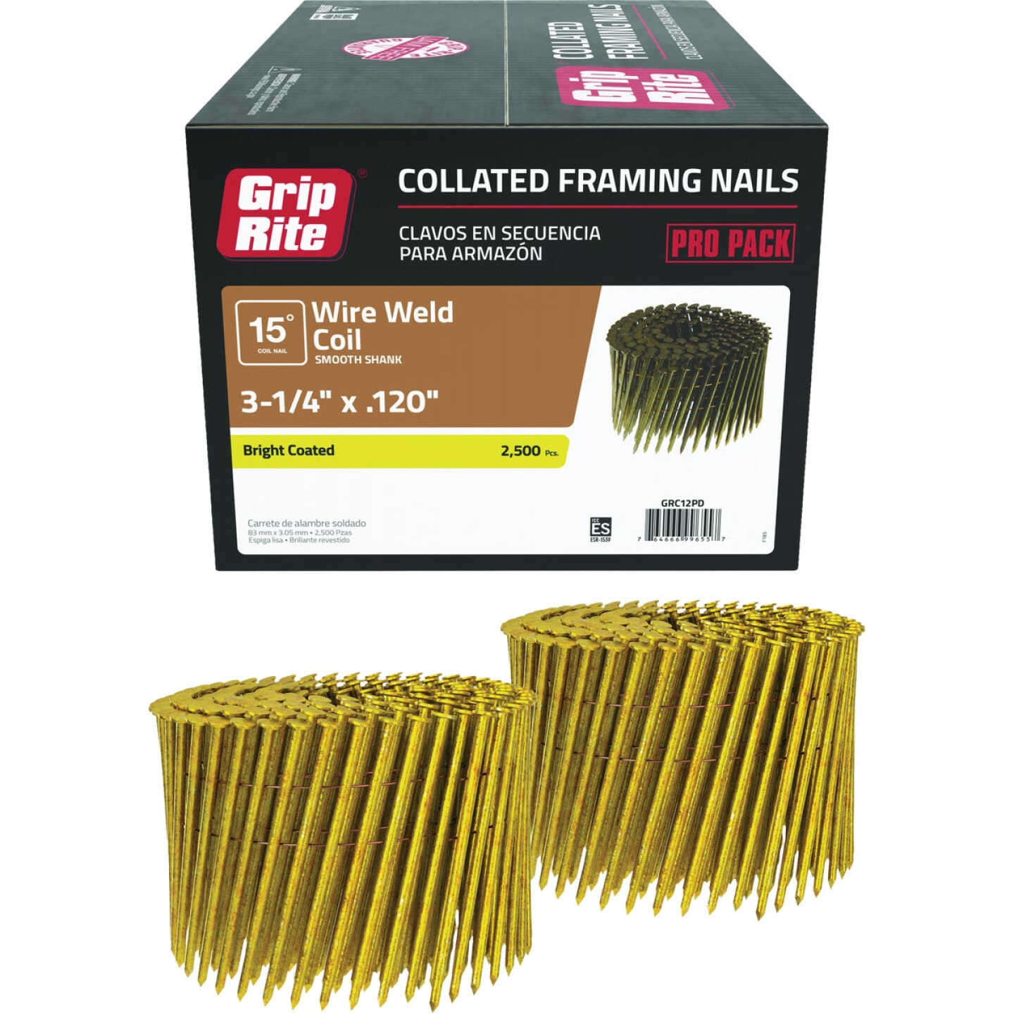Grip-Rite 3-1/4 In. x 0.120 In. 15 Deg. Bright Round Head Smooth Shank Wire Coil Collated Framing Nail (2500-Count) Image 1