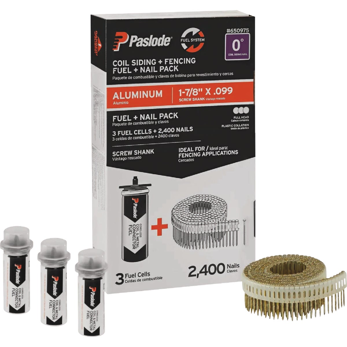 Paslode 1-7/8 In. x 0.099 In. 0 Deg. Plastic Strip Aluminum Coil Fencing Nail with (3) Fuel Cells (2400 Ct.)