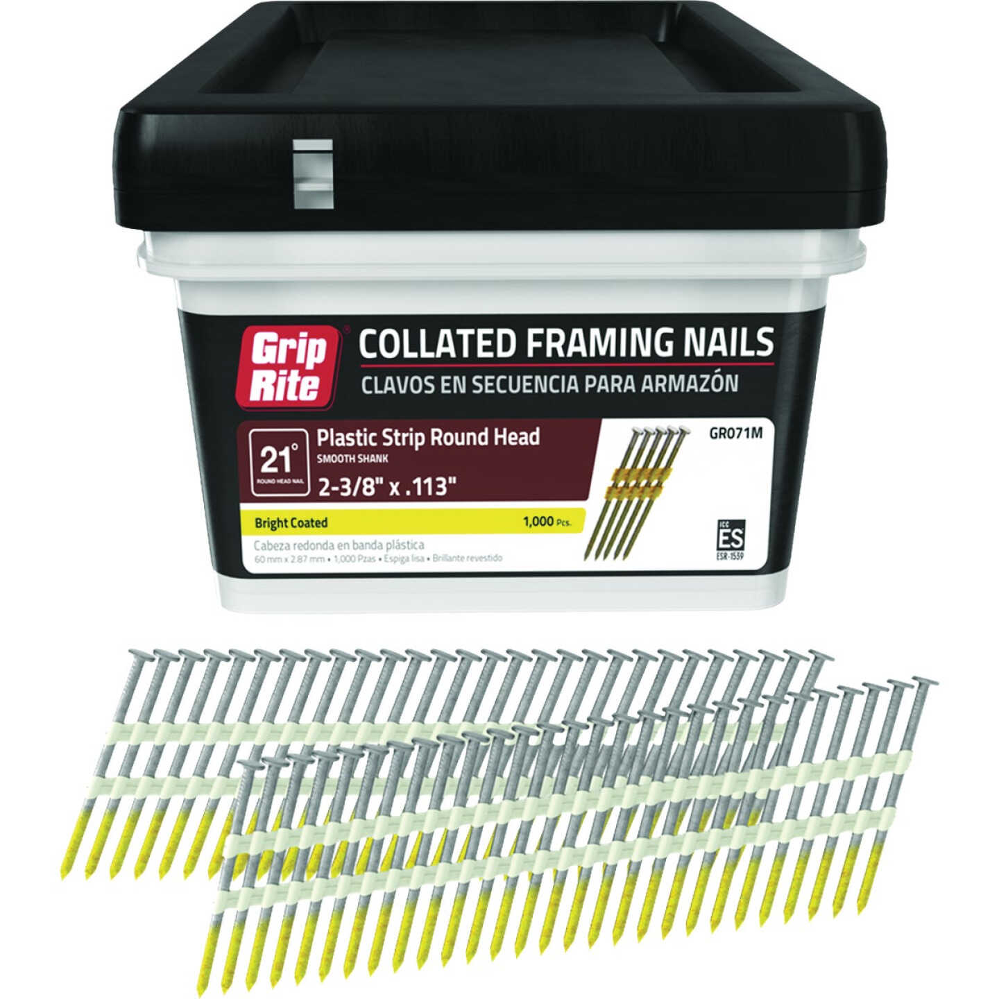 Grip-Rite 2-3/8 In. x 0.113 In. 21 Deg. Bright Coated Round Head Smooth Shank Plastic Strip Collated Framing Nail (1000-Count) Image 1
