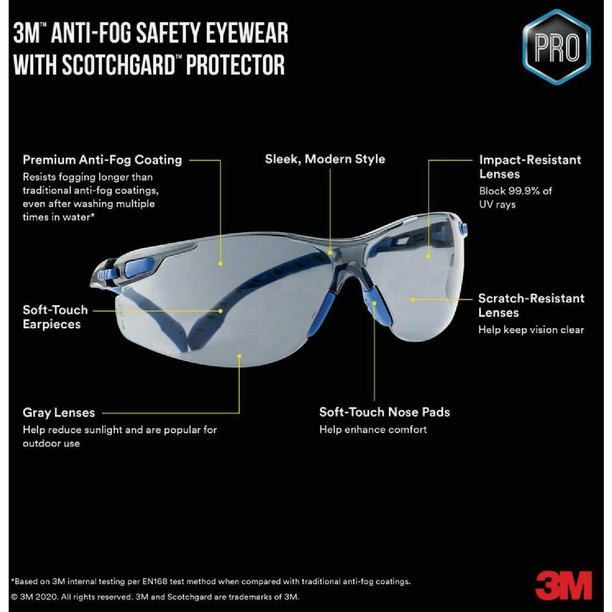 3M Black/Blue Frame Safety Glasses with Anti-Fog Scotchgard Protector Gray Lenses Image 2