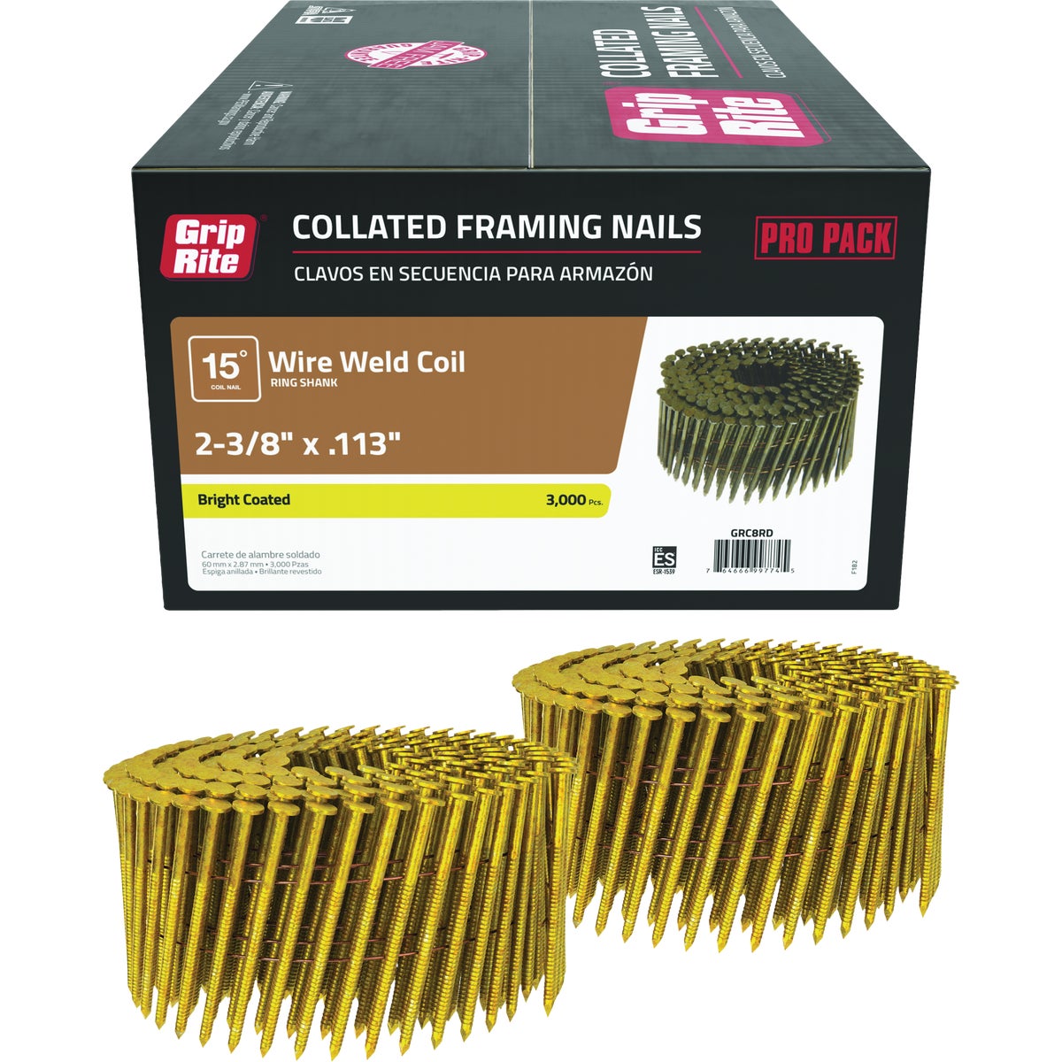 Grip-Rite 2-3/8 In. x 0.113 In. 15 Deg. Bright Coated Round Head Ring Shank Wire Coil Collated Framing Nail (3000-Count) Image 1