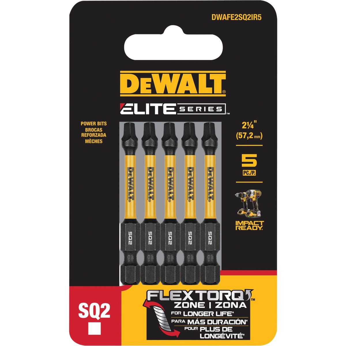 DEWALT Elite Series 1/4 In. x 2-1/4 In. Square/Robertson Impact Driver Bit Set (5-Piece)