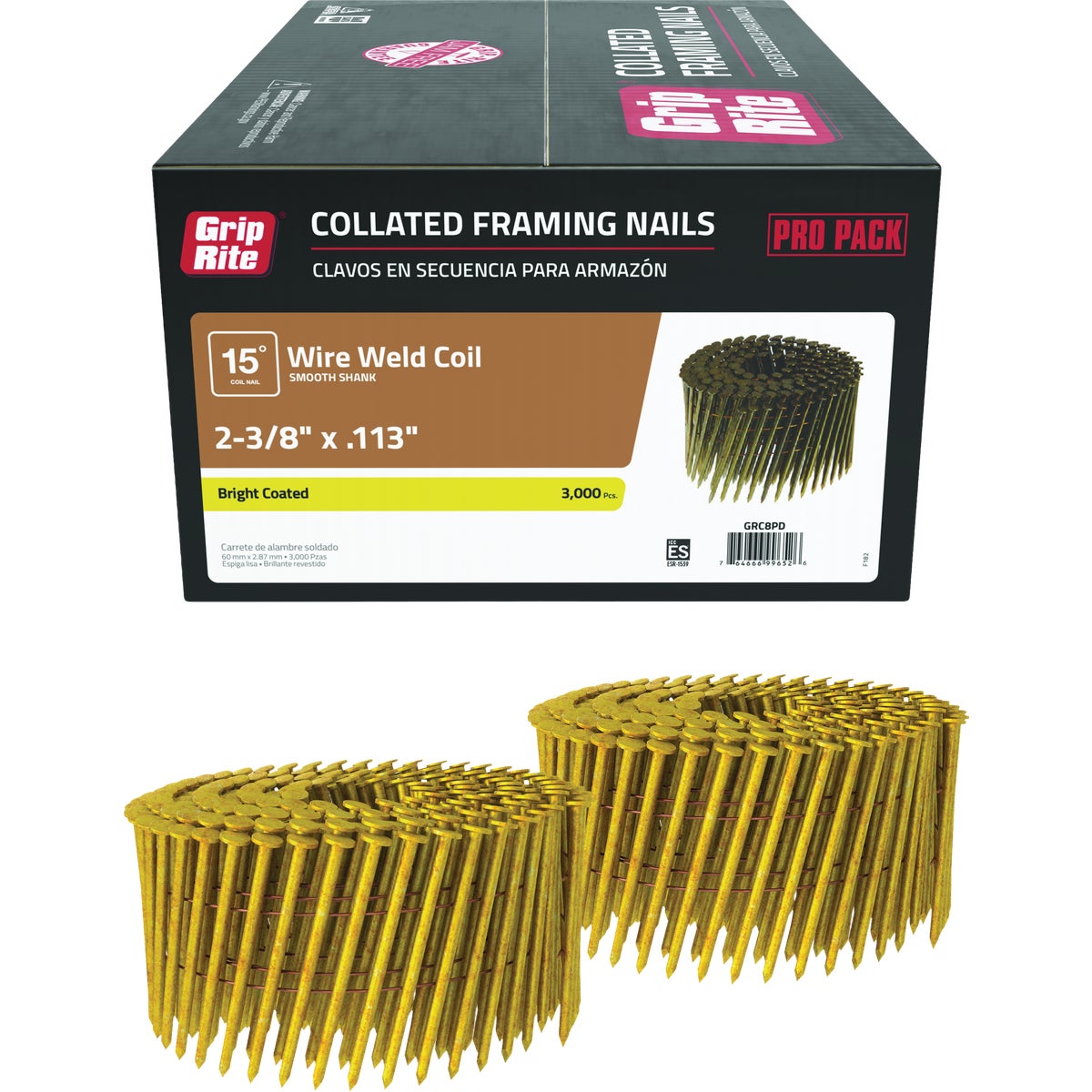 Grip-Rite 2-3/8 In. x 0.113 In. 15 Deg. Bright Coated Round Head Smooth Shank Wire Coil Collated Framing Nail (3000-Count) Image 1