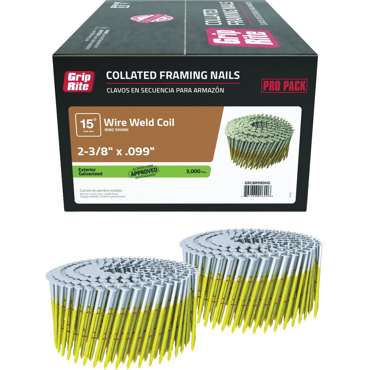 Grip-Rite 2-3/8 In. x 0.099 In. 15 Deg. Hot Galvanized Round Head Ring Shank Wire Coil Collated Framing Nail (3000-Count)