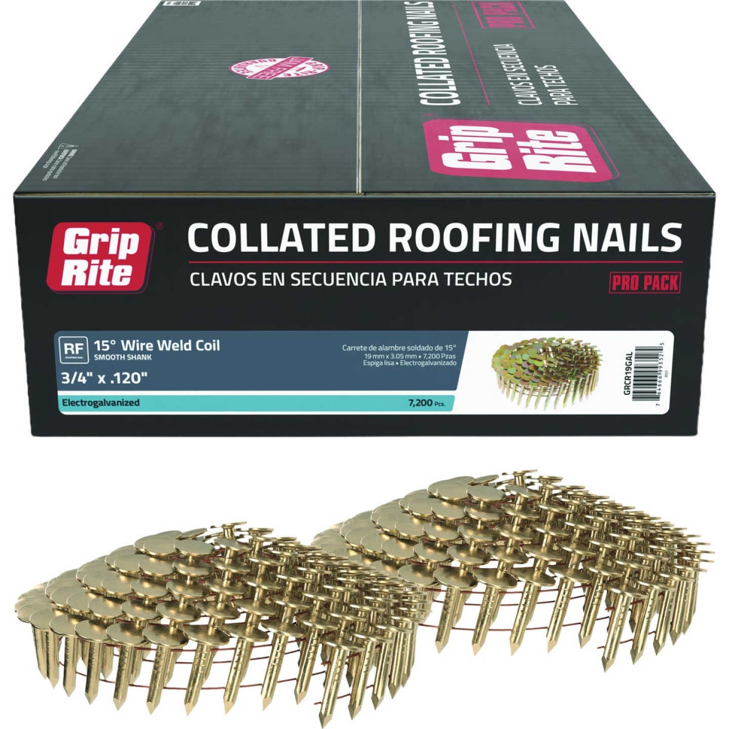 Grip-Rite 3/4 In. x 0.120 In. 15 Deg. Electrogalvanized Full Round Head Smooth Shank Wire Coil Collated Roofing Nail (7200-Count) Image 1