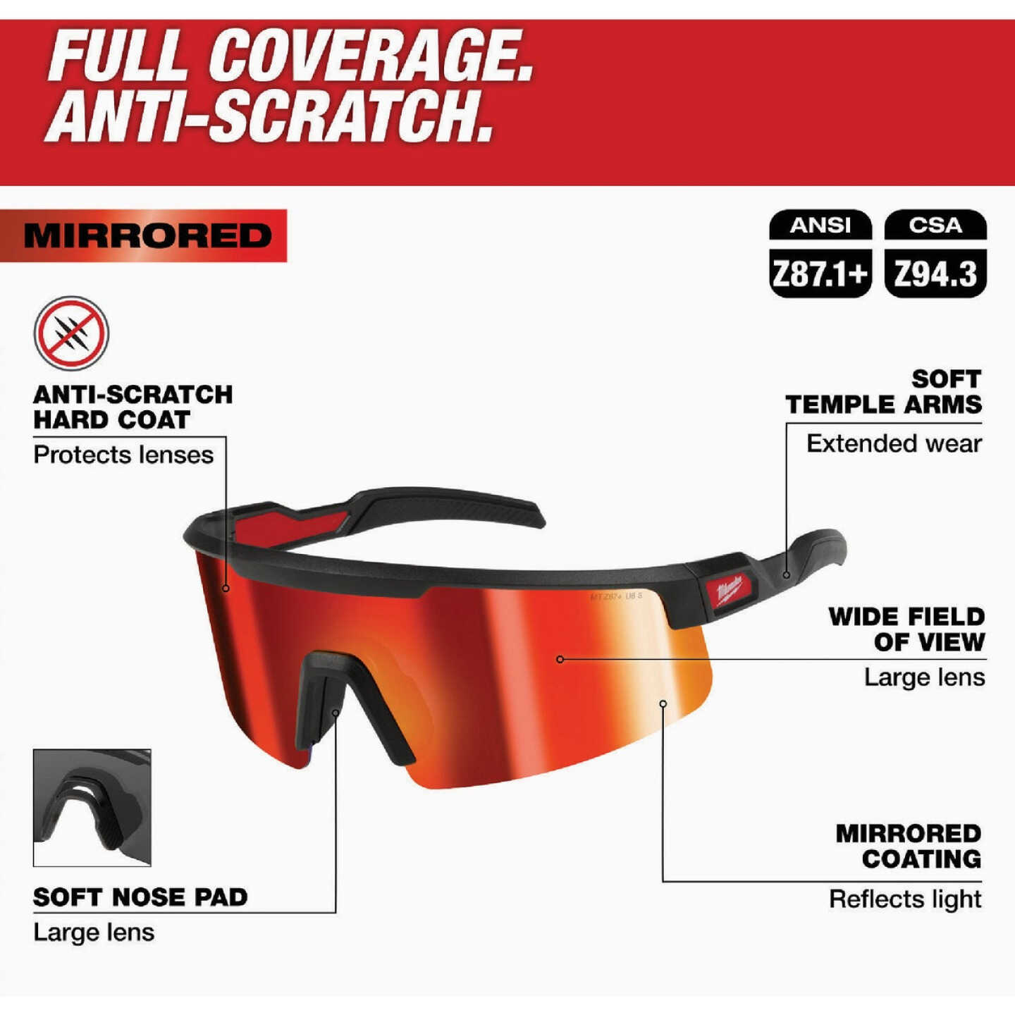 Milwaukee Wrap Around Safety Glasses with Red-Mirrored Anti-Scratch Lenses Image 2
