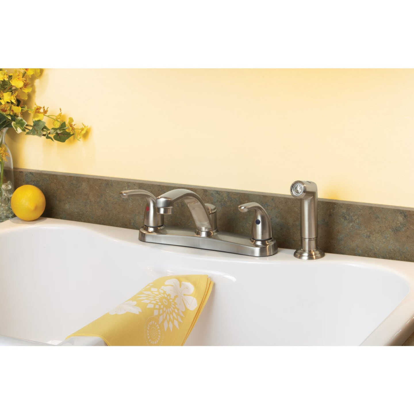 Home Impressions 2-Handle Metal Lever Kitchen Faucet with Side Spray, Brushed Nickel Image 2