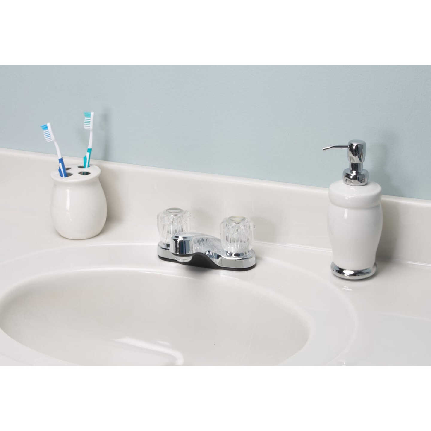 Home Impressions 2-Handle Knob 4 In. Centerset Non-Metallic Bathroom Faucet with Pop-Up, Chrome Image 2