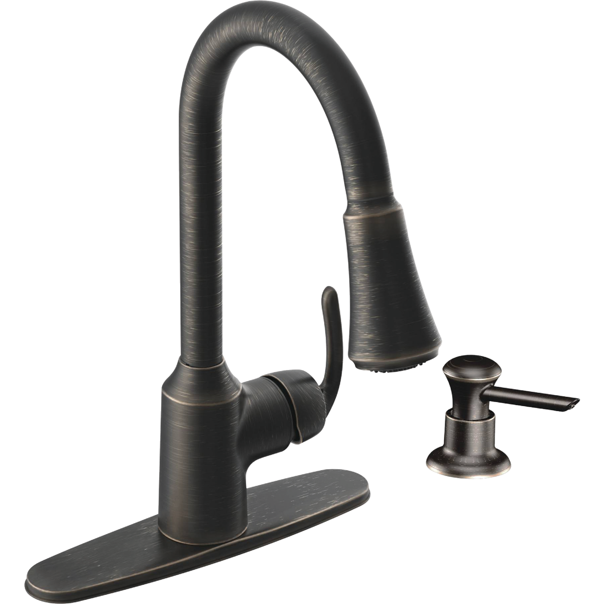Moen Bayhill 1-Handle Lever Pull-Down Kitchen Faucet with Soap Dispenser, Mediterranean Bronze