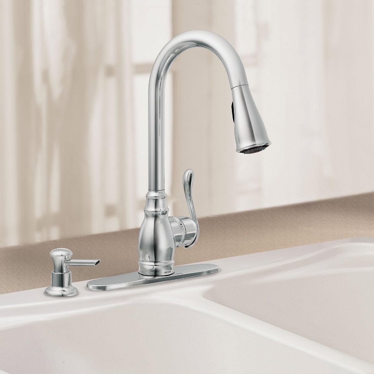 Moen Anabelle 1-Handle Lever Pull-Down Kitchen Faucet with Soap Dispenser, Chrome Image 2