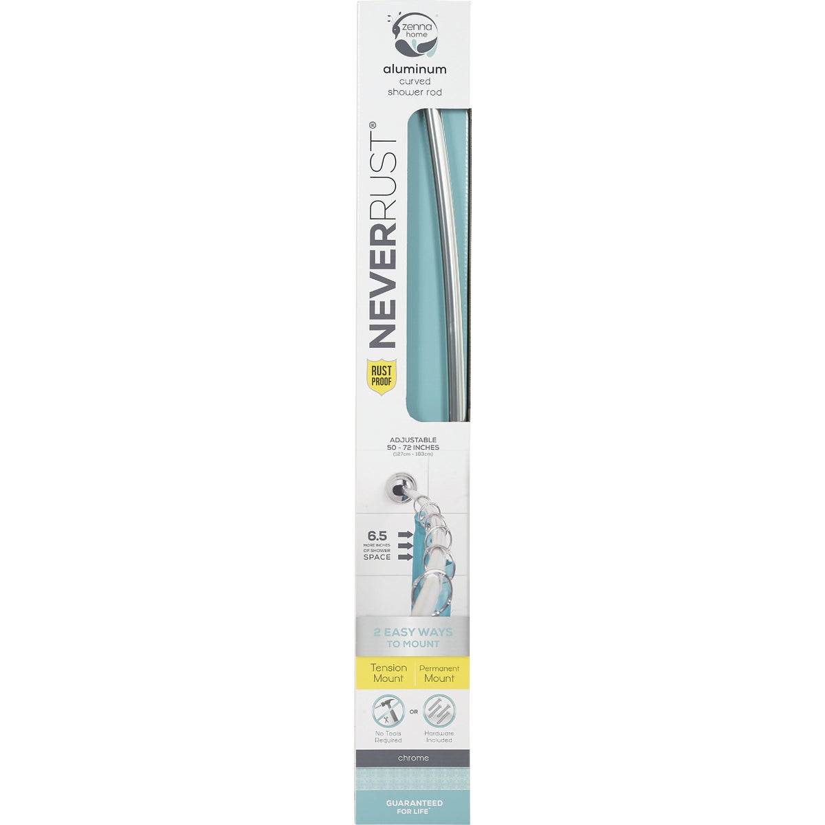 Zenith Zenna Home NeverRust 50 In. to 72 In. Adjustable Fixed or Tension Curved Shower Rod in Chrome Image 3