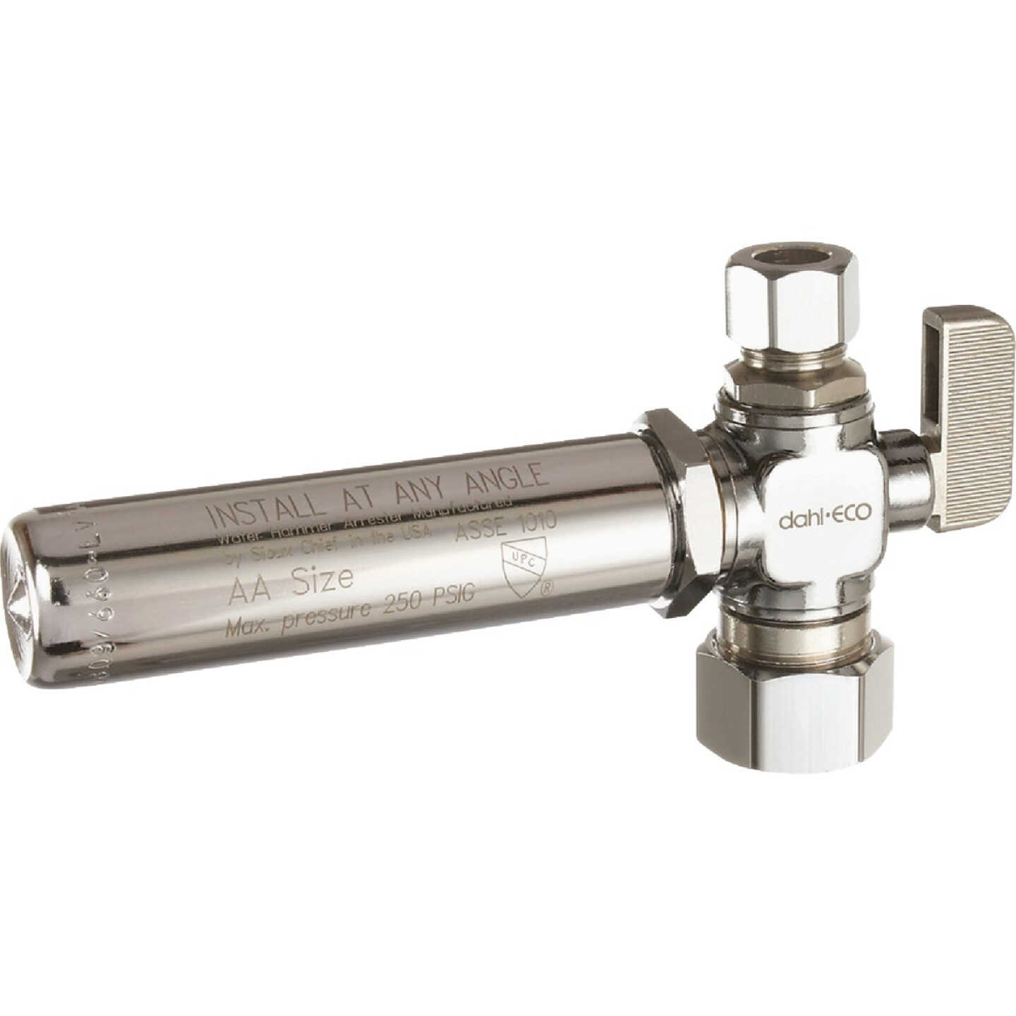 dahl 5/8 In. OD Comp (1/2 In. Nom.) x 3/8 In. OD Comp Straight Plated Supply Stop with Water Hammer Arrestor Image 1
