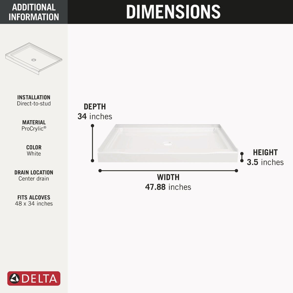 Delta 48 In. x 34 In. Gloss White Classic 500 Shower Base Image 2