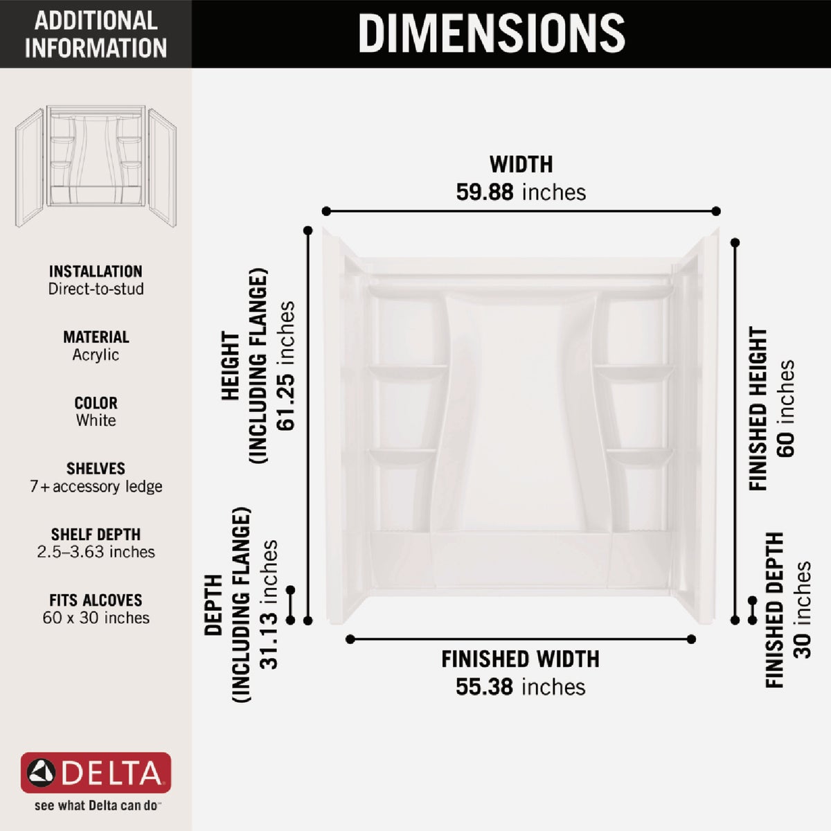 Delta Classic 500 60 In. L x 30 In. W x 61-1/4 In. H Alcove Tub Surround Kit, White (3-Piece) Image 2
