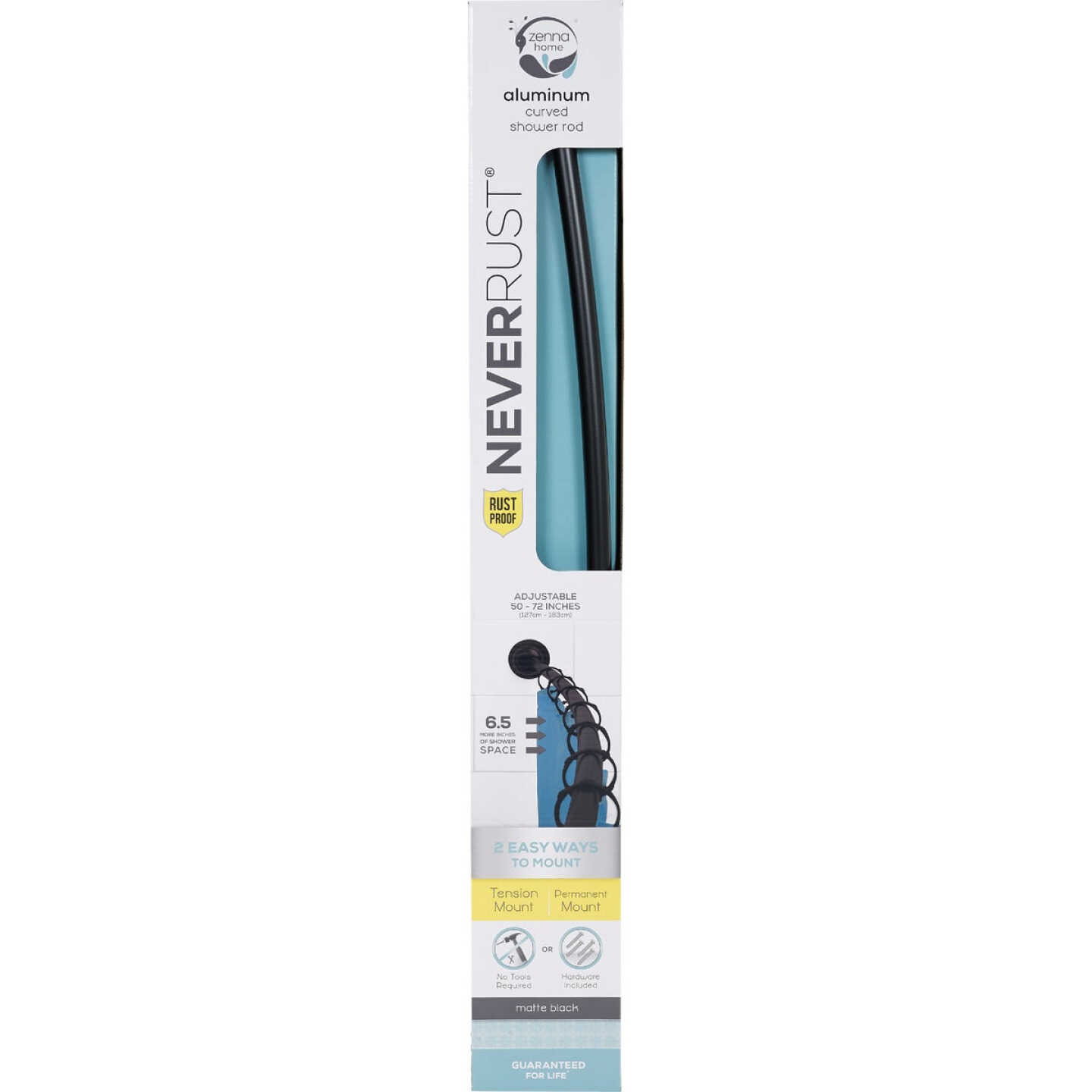 Zenith Zenna Home NeverRust 50 In. to 72 In. Adjustable Fixed or Tension Curved Shower Rod in Matte Black Image 2