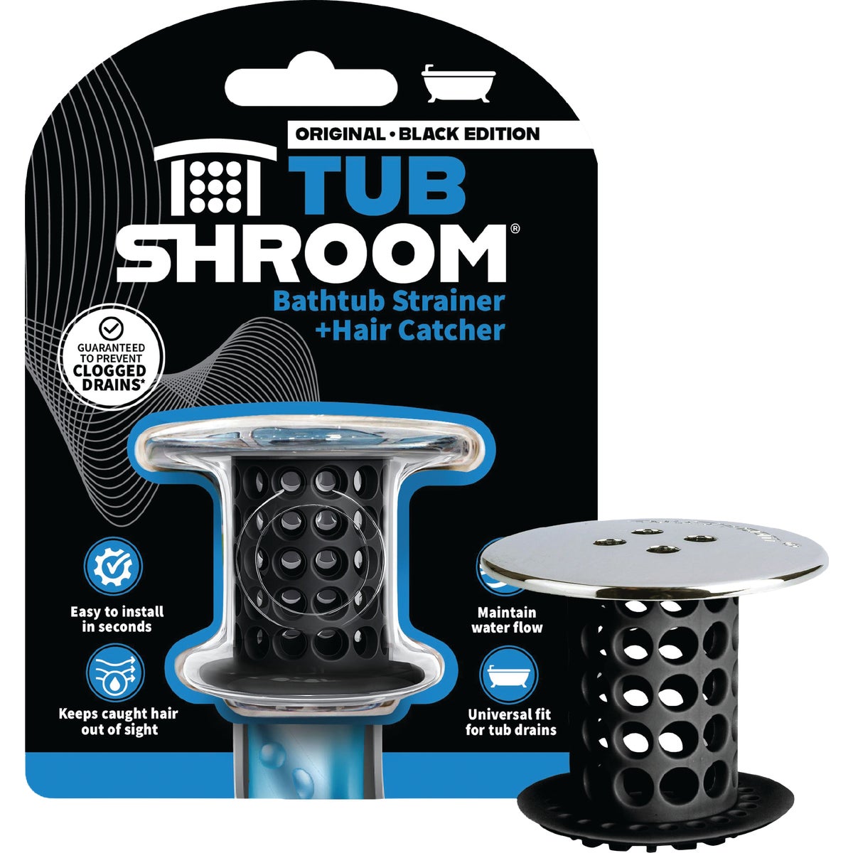 TubShroom Black with Chrome Drain Protector & Hair Catcher