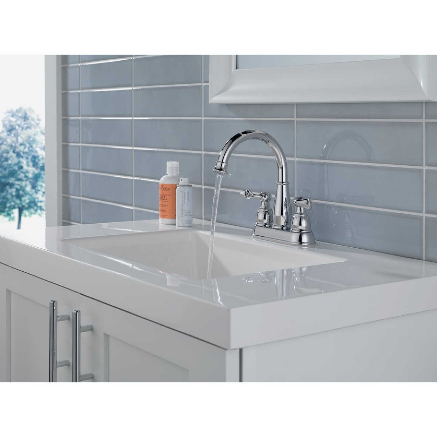 Delta Windmere Chrome 2-Handle Lever 4 In. Centerset Bathroom Faucet and Push Pop-Up with Overflow Image 2
