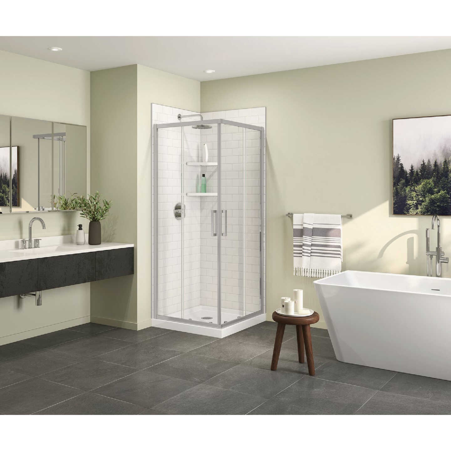 Maax Scarlet 32 In. L x 32 In. D x 78-3/4 In. H Acrylic Corner Drain Shower Kit in White with Clear Glass in Chrome Image 2