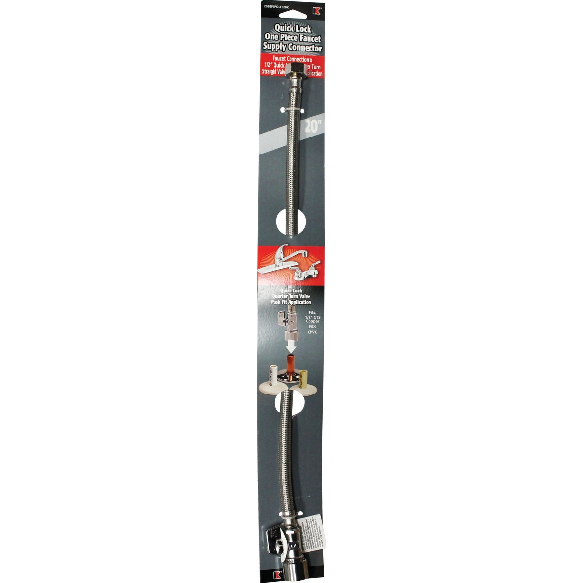 Keeney 5/8 In. x 20 In. Stainless Steel Quick Lock Toilet Supply Tube with Straight Quarter Turn Valve Image 2
