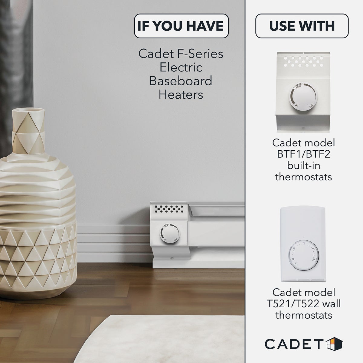 Cadet BTF Built-In Double Pole Thermostat for Electric Baseboard Heaters, White Image 2