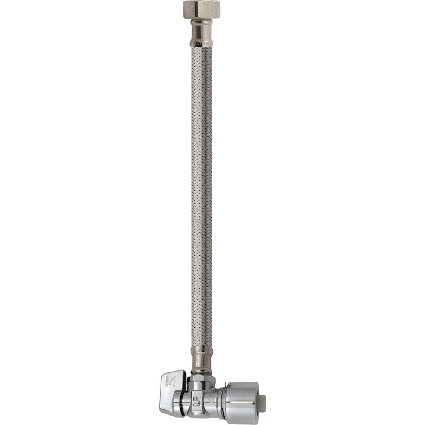 Keeney 5/8 In. x 12 In. Stainless Steel Quick Lock Faucet Supply Tube with Angled Quarter Turn Valve Image 1