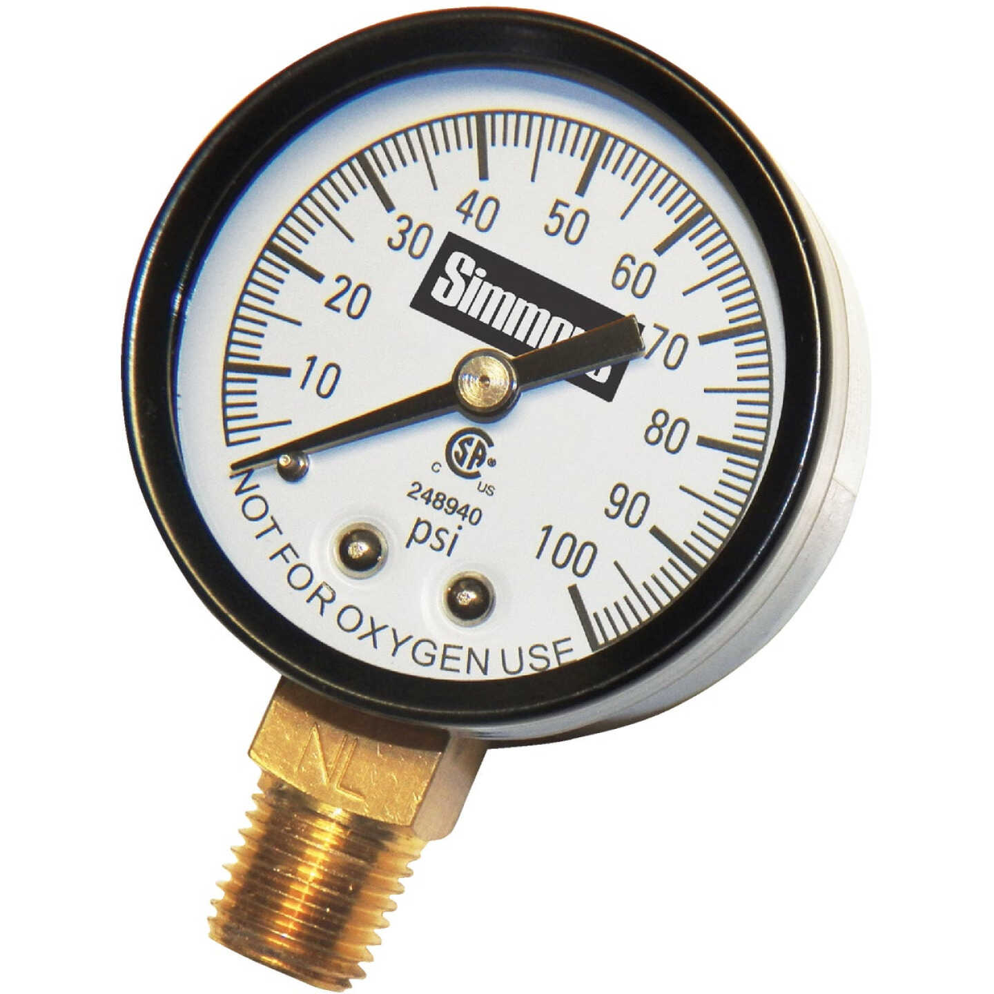 Simmons 1/4 In. MPT Fitting 100 psi Pressure Gauge Image 1
