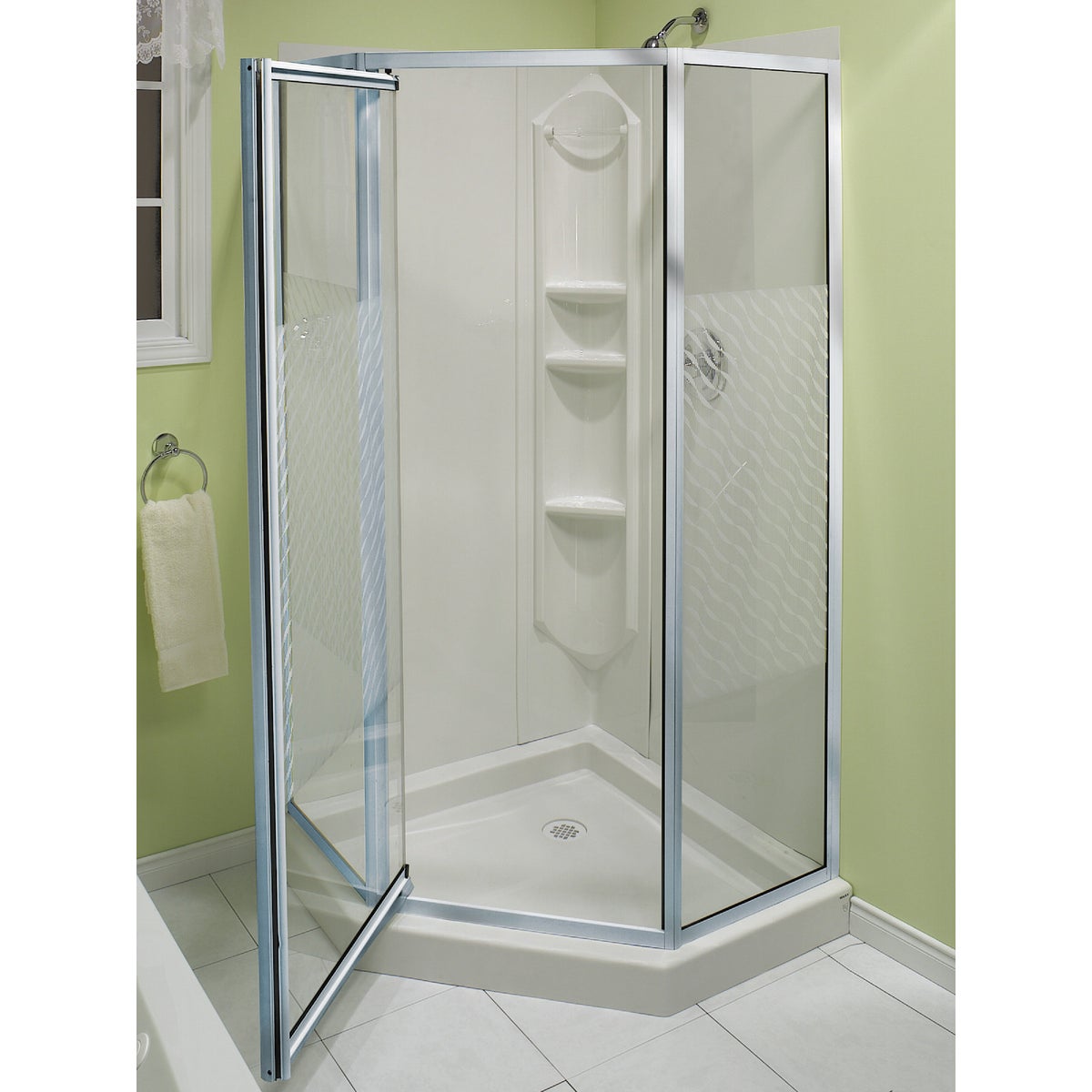 Maax Himalaya 38 In. L x 38 In. D x 74 In. H Center Drain Corner Shower Kit in White with Pivot Door in Chrome