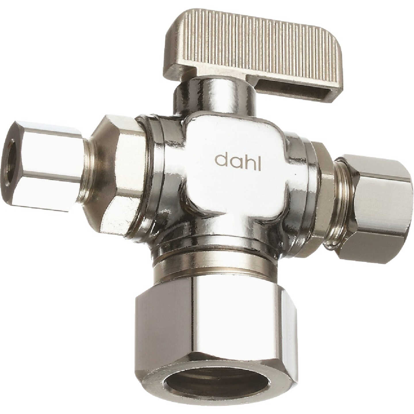 dahl 5/8 In. OD Comp (1/2 In. Nom.) x 3/8 In. OD Comp x 1/4 In. OD Comp Angle Plated Dual Outlet Supply Stop Image 1