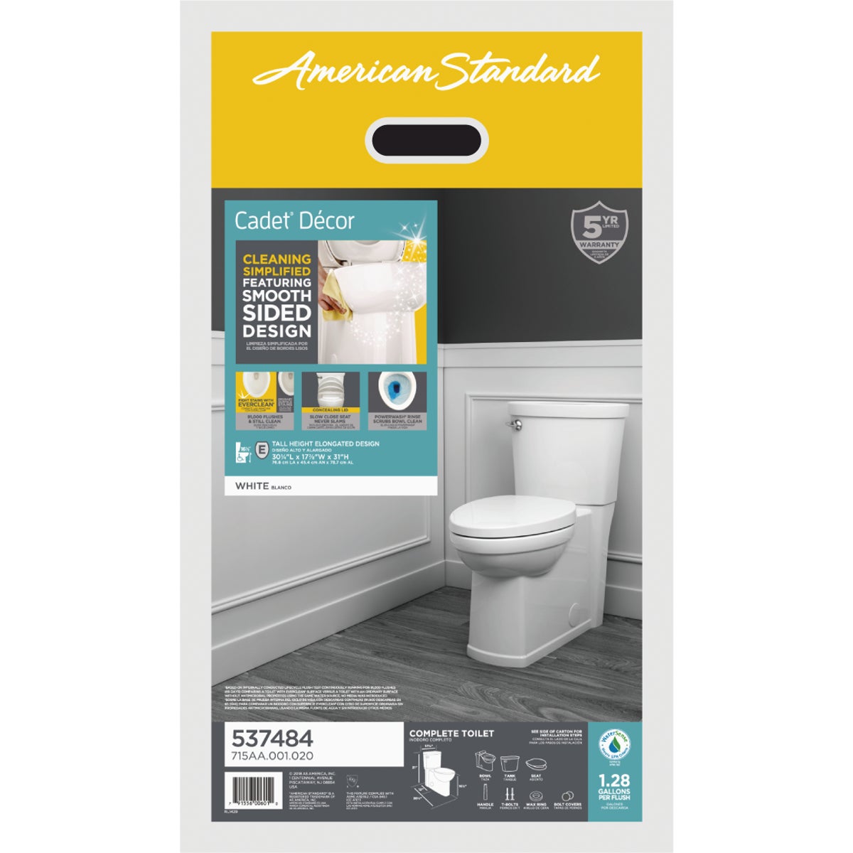 American Standard Cadet Decor White Chair Height Elongated Bowl 1.28 GPF Toilet Image 5