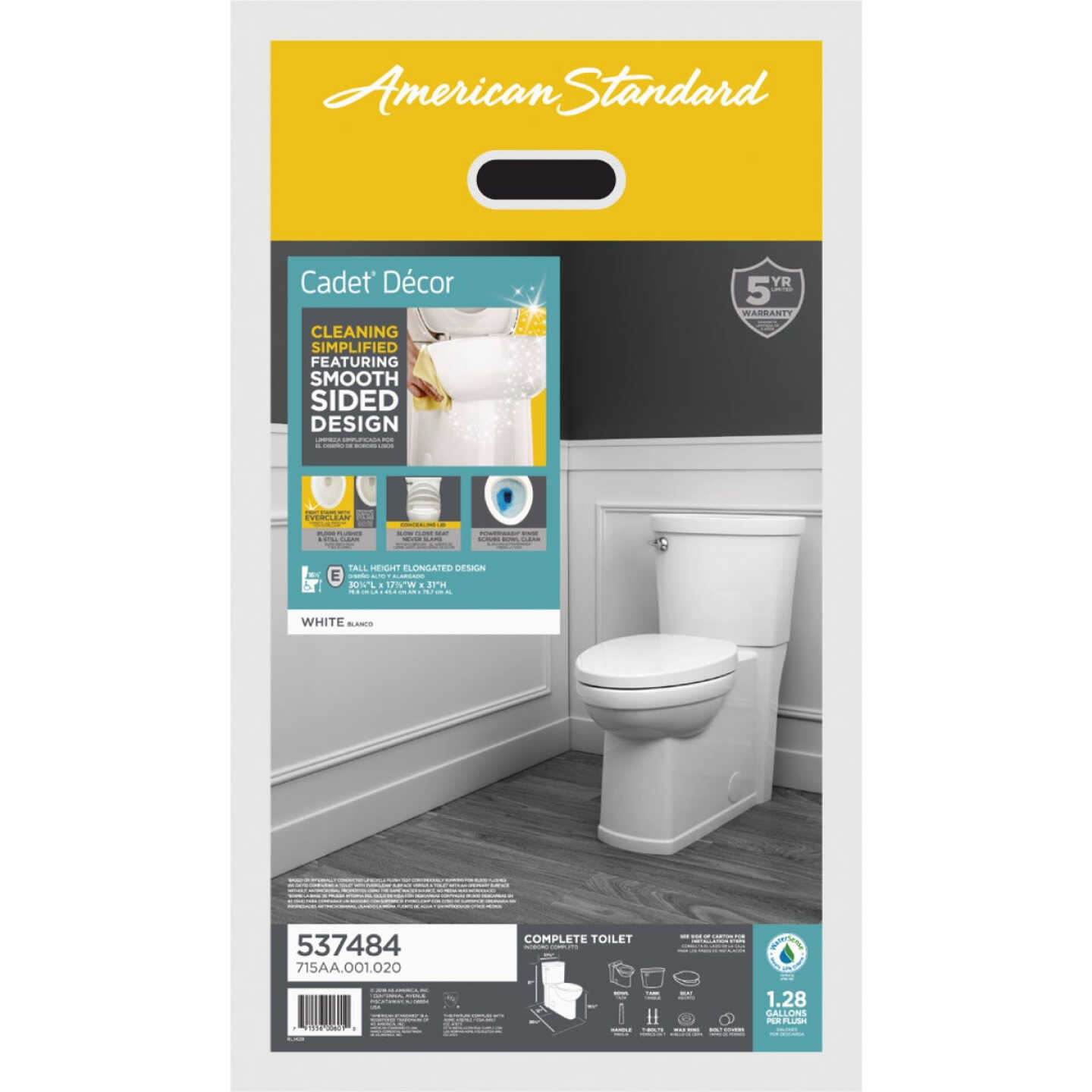 American Standard Cadet Decor White Chair Height Elongated Bowl 1.28 GPF Toilet Image 5