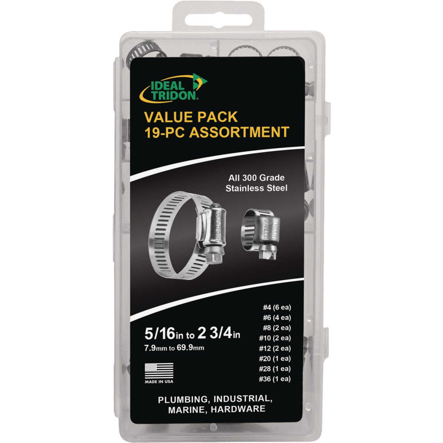 Ideal 5/16 In. to 2-3/4 In. All Stainless Steel Value Pack Hose Clamp Assortment (19-Piece) Image 1