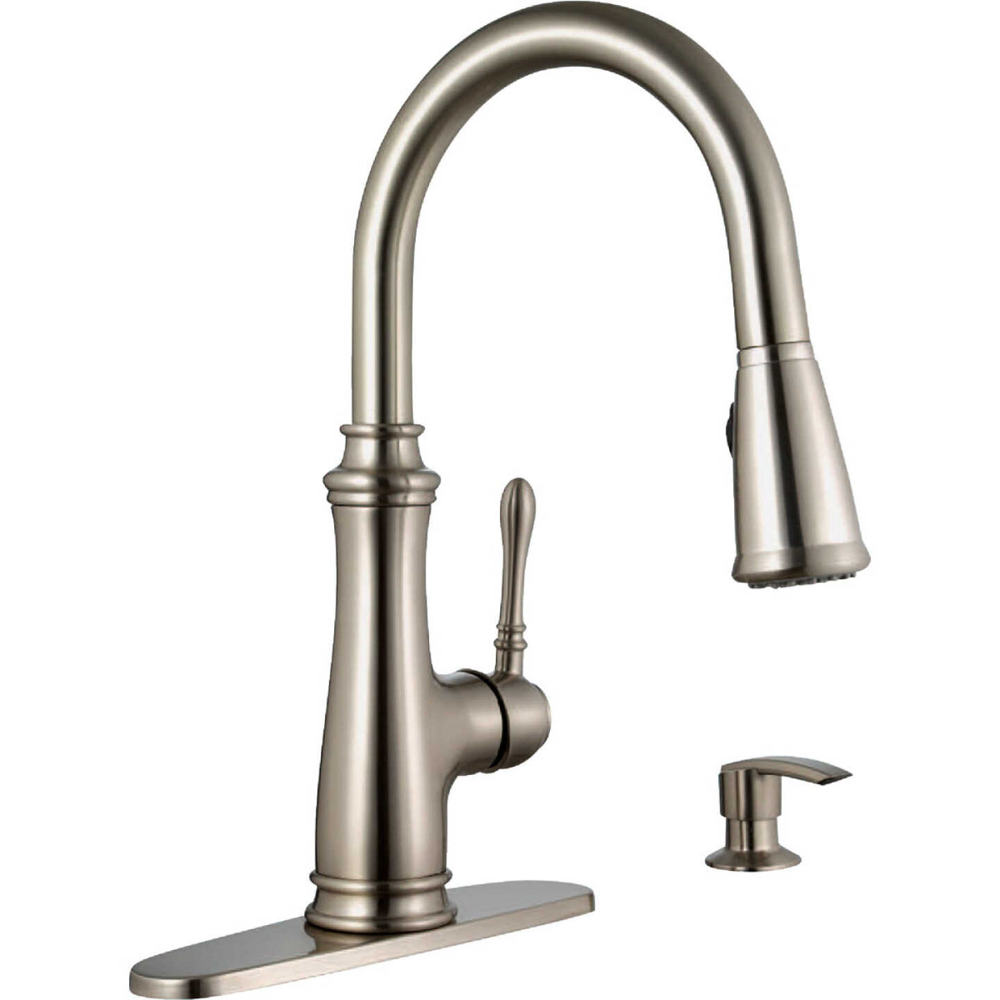 Compass Manufacturing 5165BN-SD Brookfield 1-Handle Brushed Nickel Hi Rise Kitchen Faucet With Soap Dispenser Image 1